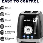 CUSIMAX Toaster 2 Slice with Extra Wide Slots for Bagels, Stainless Steel with 6 Toast Settings and 4 Functions, Bagel, Cancel, Defrost & Reheat, Removable Crumb Tray, Retro Toaster Black