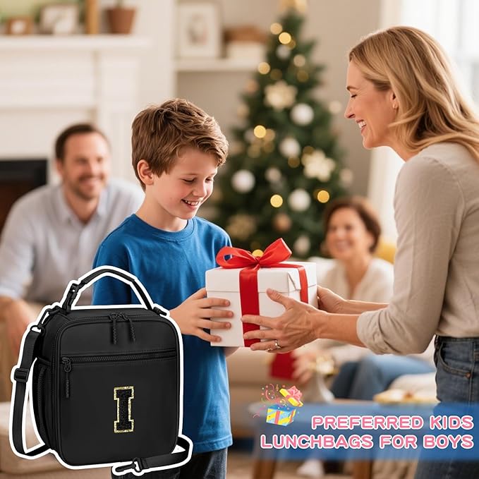 Initial Insulated Lunch Bag for Boys Kids, Back to School Gift, Reusable Leak-proof Lunch Box with Adjustable Strap for School Daycare Travel Picnic（Black，I）