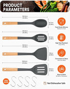 Silicone Cooking Utensils Set, Perfectly Angled for Frying, Mixing,Serving,Draining,Turning and Stirring, BPA-Free Matte Silicone, Wood Handles, Safe for Nonstick Cooking Surfaces,4 Pack (Grey)