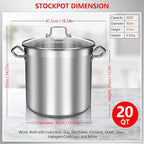 Large Stock Pot 20 Quart - Commercial Grade Soup Pot With Glass Lid - Nickel Free Stainless Steel Cookware - Healthy Polished Stockpots - Heavy Duty Induction Pots