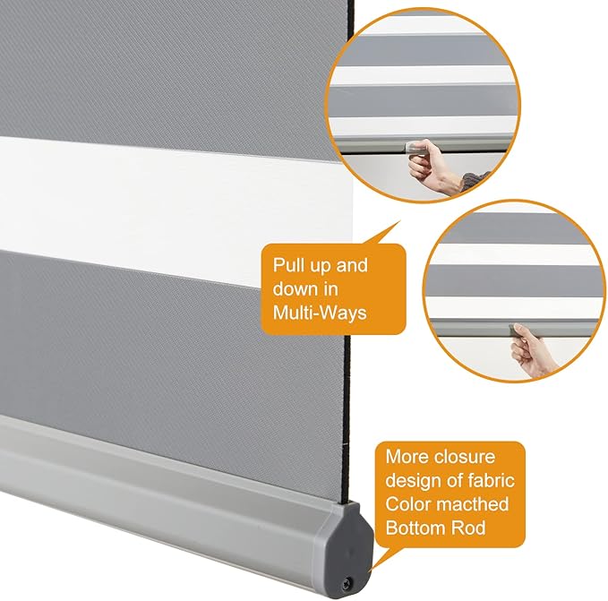 Persilux Cordless Zebra Blinds for Windows (35" W X 64" H, Grey) Free-Stop Roller Windows Shades Dual Layer Light Control for Day and Night, Light Filtering Sheer Shades for Home, Easy to Install