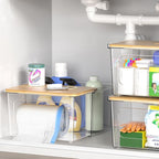 Trash Bag Dispenser Holder - 2 in 1 Clear Acrylic Plastic Garbage Bags Container With Bamboo Lid Storage Box for Kitchen Pantry Laundry Room Organization, Large Trash Bag Organizer Under Sink