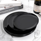 PULOTE 60 PCS Black Plastic Plates - Include 30 Dinner and 30 Dessert Plates, Black Disposable for Party,Birthday & New Year