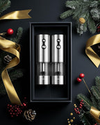 FORLIM Rechargeable Electric Salt and Pepper Grinder Set, Dual-Speed Control, Stainless Steel Automatic Salt & Pepper Mill with Dust Cover, 2 LED Lights, Adjustable Coarseness (2-Pack, Glossy Silver)