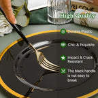 N9R Gold Plastic Cutlery Set - 90pcs with Black Handle - Fancy Plastic Silverware, Heavy Duty - 30 Spoons, 30 Forks, 30 Knives for Halloween and Everyday Use