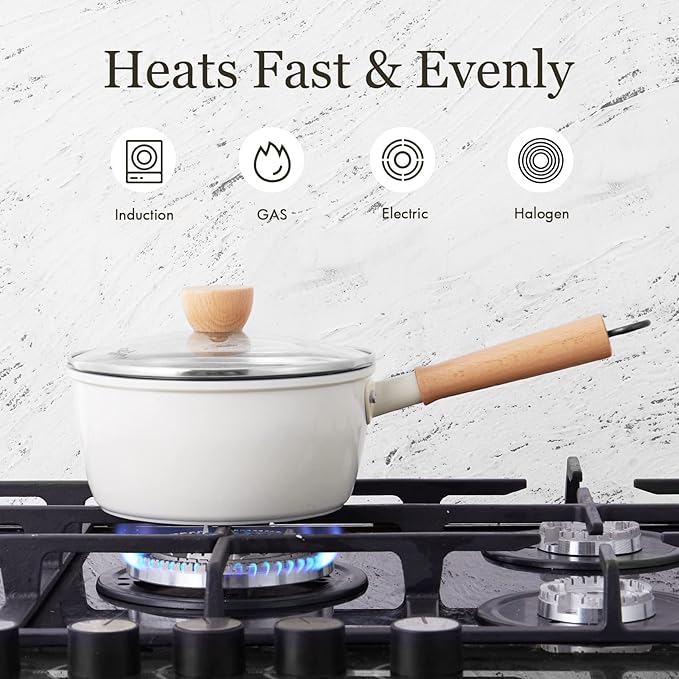 ROCKURWOK Ceramic Nonstick Sauce Pan with Lid, 1.5 Qt Small Pots for Cooking, Small Pot Wooden Handle for Cool Touch, Non Toxic & Pfas-Free Saucepan, Universal Base(Gas, Electric & Induction), White