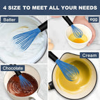 Silicone Whisk, Non Scratch Whisk for Cooking, 5+7+9+11in Balloon Whisks, Suitable for Mixing, Blending. 11in Flat Whisks great for Ceramic Coated pans and Wider shallower pots. (Blue)