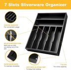 Kitchen Bamboo Silverware Organizer, Kitchen Drawer Organizer - Utensil Holder and Cutlery Tray with Grooved Drawer Dividers for Flatware 7 Slot, Black