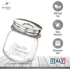Bormioli Rocco Quattro Stagioni Spice Jar Set - 8.5 Oz, Durable Glass Mason Jars with Multi-Function Rotatable Lids, Stainless Steel Tops for Salt & Pepper - Made in Italy, Glass Spice Jars