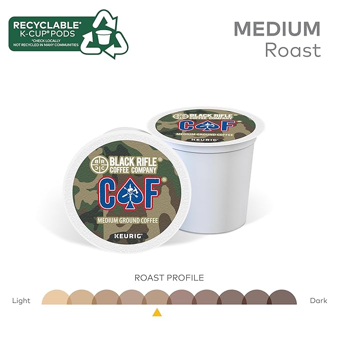 Black Rifle Coffee Company CAF, 12 Count, Medium Roast K Cups - Single Serve K Cups Coffee Pods - Kcup Pods Compatible with Keurig 1.0 & 2.0 - Made from Arabica Beans