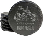 Coast in Style: Rustic Slate Coasters with Motorcycle Design - Round Slate - Set of 5