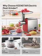 KEENSTAR Electric Meat Grinder, Sausage Stuffer Maker 450W Food Grinder with Blade & 3 Plates, Sausage Stuffer Tubes & Kubbe Kit, Stainless Steel Meat Mincer Machine for Home Kitchen Use (Red)