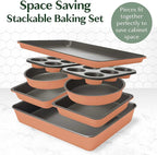 Goodful All-In-One Nonstick Bakeware Set, Stackable and Space Saving Design includes Round and Square Pans, Muffin Pans, Cookie Sheet and Roaster, Dishwasher Safe, 8-Piece, Terracotta
