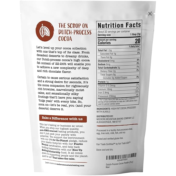 Cocoa Powder (8 oz) Dutch Processed Cocoa Powder, Unsweetened, Extra Rich Cocoa Flavor, 22-24% Fat, Premium Culinary Grade, Non-GMO Sourced, Fair Trade Certified, Perfect Cocoa for Baking and Cooking