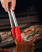 Red Stainless Steel Tongs Heat Resistant Kitchen Tongs Set - 7", 9" & 12" Inch, BBQ Tongs with Silicone Tip, Strong Grip for Cooking, Salad Tossing,Air Fryer, &Grill Tongs- Pull Lock, Red - Set of 3