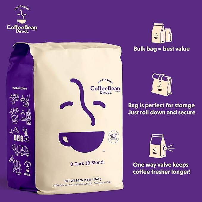 Coffee Bean Direct 0 Dark 30 Blend, Whole Bean Coffee, Rich Flavor, Mixed Roast Level, 5 Pound Bag (Pack of 1)