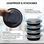 Klex 16 Oz, 50 Sets Meal Prep Containers with Airtight Lids, BPA Free, Reusable Plastic Food Container, 16 oz, Round, Black/Clear, 50 Sets