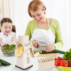 Manual Rotary Cheese Grater, White, 5-in-1 Vegetable Slicer with Suction Base, Stainless Steel Blades, Hand Crank Design for Kitchen