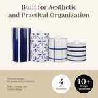 Young's Inc. 4 Pcs Set Cylindrical Ceramic Canisters- Storage Container for Kitchen and Bathroom - Beautiful Home Decor Accent to Store Food, Coffee, Tea, and More - White, Blue