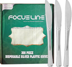 FOCUSLINE 300 Pack Disposable Silver Plastic Knives, Solid and Durable Plastic Cutlery Knives, Heavy Duty Disposable Utensil Silverware for Catering, Parties, Dinners, Weddings