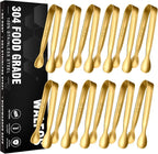 Walfos Small Gold Tongs For Serving,Food Grade Stainless Steel 4" Mini Tongs Appetizers for Parties Catering, Sugar，Desserts，Tea Party, Coffee Bar, Set of 12 （Gold）