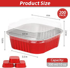 200 Pack 10 oz Red Square Mini Cake Pans with Lids, Mini Loaf Pans with Lids, Aluminum Foil Square Brownie Baking Cups for Ramekins Muffin Cupcake Wedding Birthday Party
