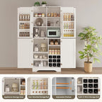 71" Tall Kitchen Pantry, Farmhouse Storage Cabinet with Doors, Shelves, Rustic Wood Cupboard, Built-in Wine Storage Grid & 6 Door Shelves for Kitchen, Dining Room, White