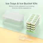DOQAUS Ice Cube Tray with Lid and Bin, 4 Pack Silicone Plastic Ice Cubes Trays for Freezer with Box/Container, Stackable with Storage Iced Bucket Kits, Scoop, for RV, Soup, Food, Cocktail, Coffee
