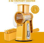 SUSTEAS Rotary Cheese Grater with Handle - Vegetable Shredder with 5 Well-designed Blades & Strong Suction Base,Round Mandoline Slicer & Food Chopper for Kitchen,with Blade Storage Box(Yellow)