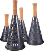 Cone Cheese Grater with Handle Stainless Steel Grater Triple Function Wood Handle Shredder Non-Slip Rubber Bottom Hand Held Multifunction Vegetables Grater Black 4-Size (Size M: 9.4" X 4.3" Black)