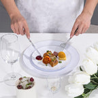 KIRE 200PCS Silver Plastic Plates - White Plastic Plates with Silver Rim Include 100 Dinner Plate and 100 for Dessert/Salad Plate for Birthday/Wedding/Party for Christmas