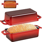 P&P CHEF 2 In 1 Enameled Cast Iron Loaf Pan with Lid, 9 x 5 Inch Bread Loaf Pans for Baking Homemade Sourdough Bread, Meatloaf, Toast, Cake, Nonstick & Healthy & Sturdy, 2 Piece Set - Red