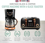 Haden Heritage 4 Slice Wide Slot Stainless Steel Toaster Bundled with 12 Cup Programmable Drip Coffee Maker Coffee Machine, Black & Copper