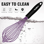 Walfos Whisk, Silicone Whisks Set of 5, Mini Stainless Steel Whisk 7+5in & Non Scratch Coated 7+9+11in Whisks, Suitable for Blending, Whisking, Beating, Frothing & Stirring. (Purple)