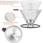 Pour Over Coffee Dripper, Paperless Pour Over Coffee filter, Stainless Steel Reusable Coffee Filters with Double Layer Mesh, Coffee Strainer Cup Stand & Cleaning Brush