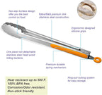 304 Stainless Steel Kitchen Cooking Tongs, 9" and 12" Set of 4 Sturdy Grilling Barbeque Brushed Locking Food Tongs with Ergonomic Grip, Orange