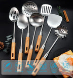 Large Stainless Steel Kitchen Utensils Set, 7 Pcs Cooking Utensils Set with Wooden Handle, Heat Resistant Spatula Tools Set for Cooking, Food Grade Utensils Sets with Turners Spoon Ladle Pasta Fork