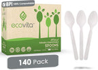 Ecovita 100% Compostable Spoons - 140 Large Disposable Utensils (6.3 in.) Eco Friendly Durable and Heat Resistant Alternative to Plastic Spoons with Convenient Tray