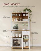 VASAGLE Bakers Rack with Charging Station, Coffee Bar with Adjustable Storage Shelves, Fabric Drawer, 12 Hooks, 15.7 x 31.5 x 71 Inches, Kitchen Microwave Stand, Golden Oak and Cloud White UKKS015Y03