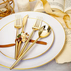 Rubtlamp 180Pcs Gold Plastic Silverware,Luxury Gold Plastic Cutlery,Heavy duty Golden Disposable Flatware, Utensils Set Disposable Include 60Gold Forks,60Gold Spoons,60Plastic Knives for Party,Wedding