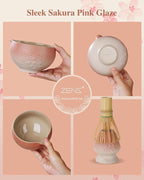 ZENS Matcha Whisk Set, Pink Ceramic Matcha Bowl with Embossed Sakura, 6pcs Matcha Tea Kit Includes Bamboo Whisk, (Chasen Holder) Scoop & Sifter, Tea Towel for Matcha Ceremony, Pink