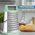 Rainspire Professional Box Grater, Cheese Grater Box for Kitchen Stainless Steel with 4 Sides, Cheese and Spice Graters with Handle for Vegetables, Ginger, Potatoes, Mint