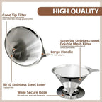 Pour Over Coffee Dripper Stainless Steel Coffee Filter Metal Cone Filter Extra Fine Wire Mesh Reusable Coffee Filter Coffee Maker (Silver, 1-4 Cups)