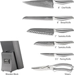 NANFANG BROTHERS® 7 Pieces Damascus Kitchen Knife Set, High Carbon Stainless Steel Damascus Steel Chef Knife Set, Stainless Steel Ergonomic Handle for Chef, Knife Block Set for Chopping NF