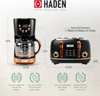 Haden Heritage 4 Slice Wide Slot Stainless Steel Toaster Bundled with 12 Cup Programmable Drip Coffee Maker Coffee Machine, Black & Copper