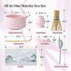 DOWAN Matcha Whisk Set, 7 Pcs Matcha Set Includes Bowl with Spout, Whisk and Holder, Bamboo Scoop and Holder, Sifter and Tea Towel - 7 Pcs Matcha Kit Gift for Lovers Beginners, Christmas (Pink)