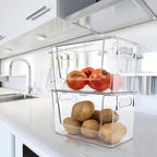 2 Pack Large Stackable Storage Bins, Plastic Container Organizer with Open Front, Pantry Organizers and Storage for Potato, Onion, Fruit and Vegetable, Clear Kitchen Laundry Organizer with Lid