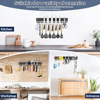 20 inch magnetic knife holder with 10 hooks, No Drilling black knife magnetic strip and utensil hanger for wall, Powerful knife magnet rack include tape and screws