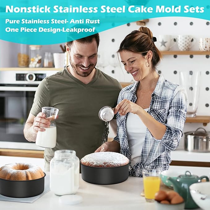 LIANYU 8 Inch Cake Pans Set for Baking, Round Cake Mold of 3, Nonstick Stainless Steel Baking Pan Tin, Non-toxic Coating, Straight Side & 3 Inch Deep, Sturdy & Rust Resistant