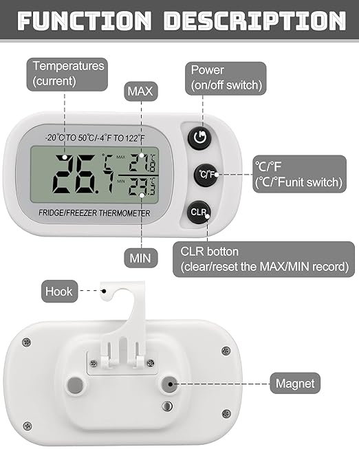 Frienda 12 Pack Black and White Digital Fridge Thermometer Waterproof Refrigerator and Freezer Room Max/min Record Function LCD Screen Refrigerator Thermometer with Hook and Magnetic Back for Home